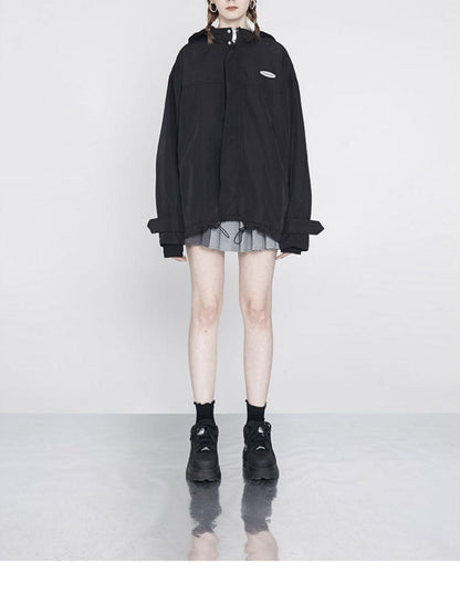 ANYQUESTION Black Hooded Loose Mid Length Zippered Street Style Women&