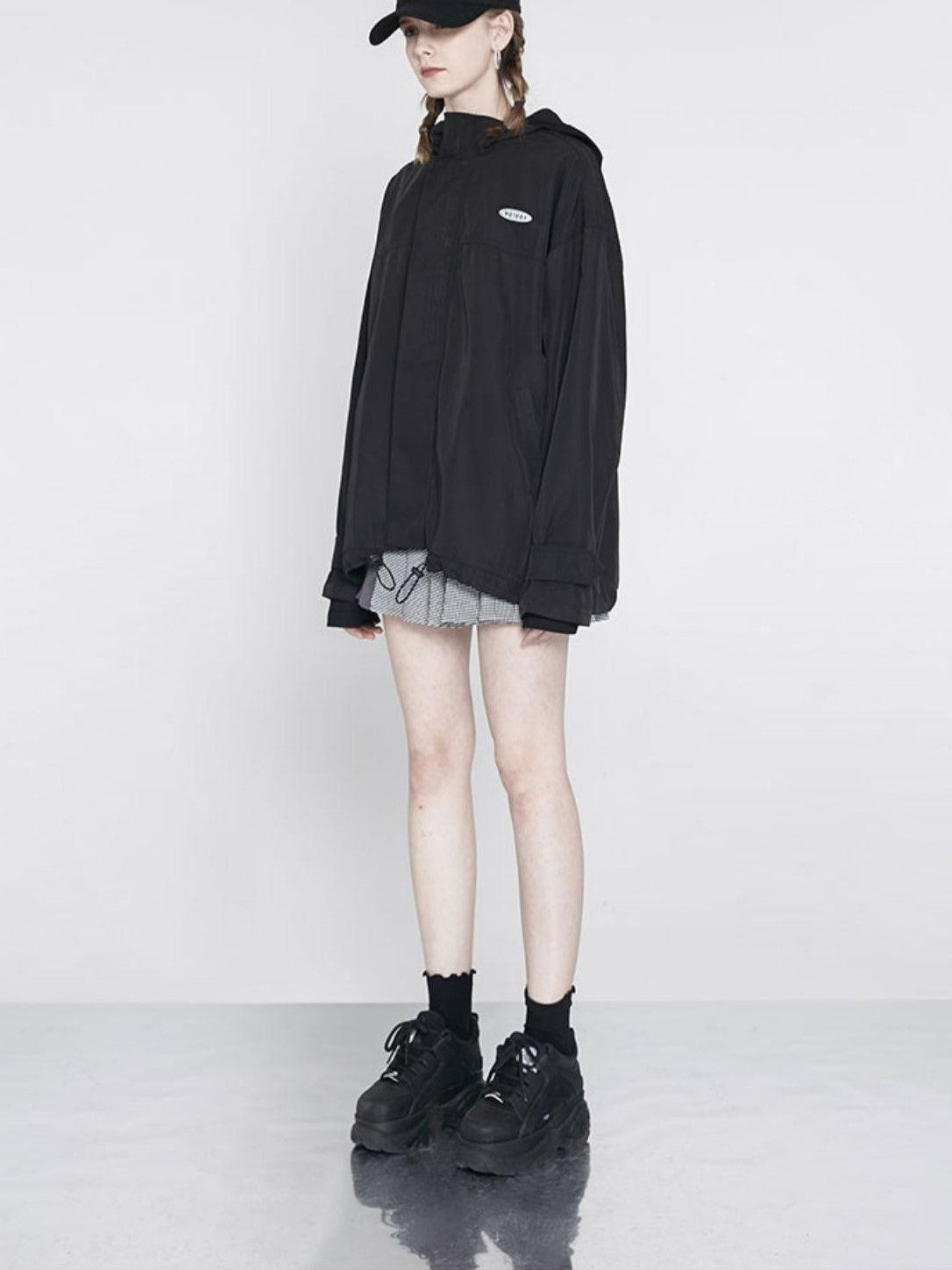 ANYQUESTION Black Hooded Loose Mid Length Zippered Street Style Women&