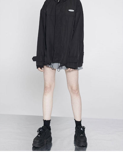 ANYQUESTION Black Hooded Loose Mid Length Zippered Street Style Women&