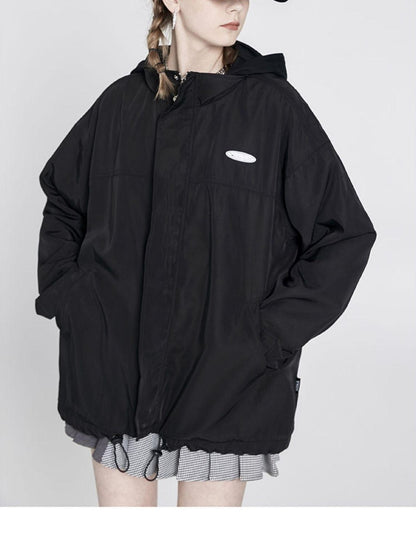 ANYQUESTION Black Hooded Loose Mid Length Zippered Street Style Women&
