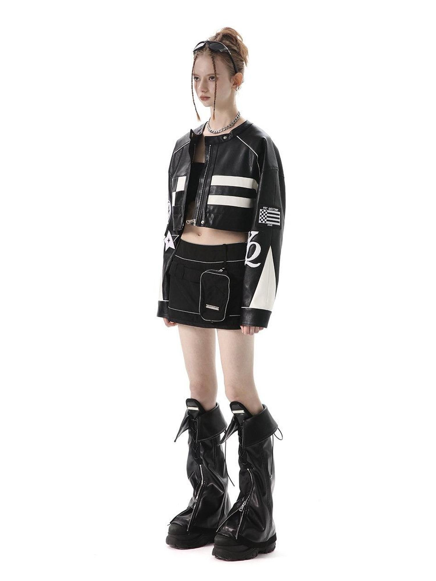 ANYQUESTION Black Lace Up Foldover Tongue Zippered Leather Leg Cuff Women&