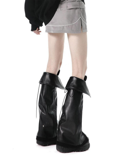 ANYQUESTION Black Lace Up Foldover Tongue Zippered Leather Leg Cuff Women&