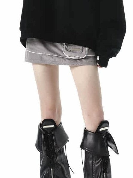 ANYQUESTION Black Lace Up Foldover Tongue Zippered Leather Leg Cuff Women&