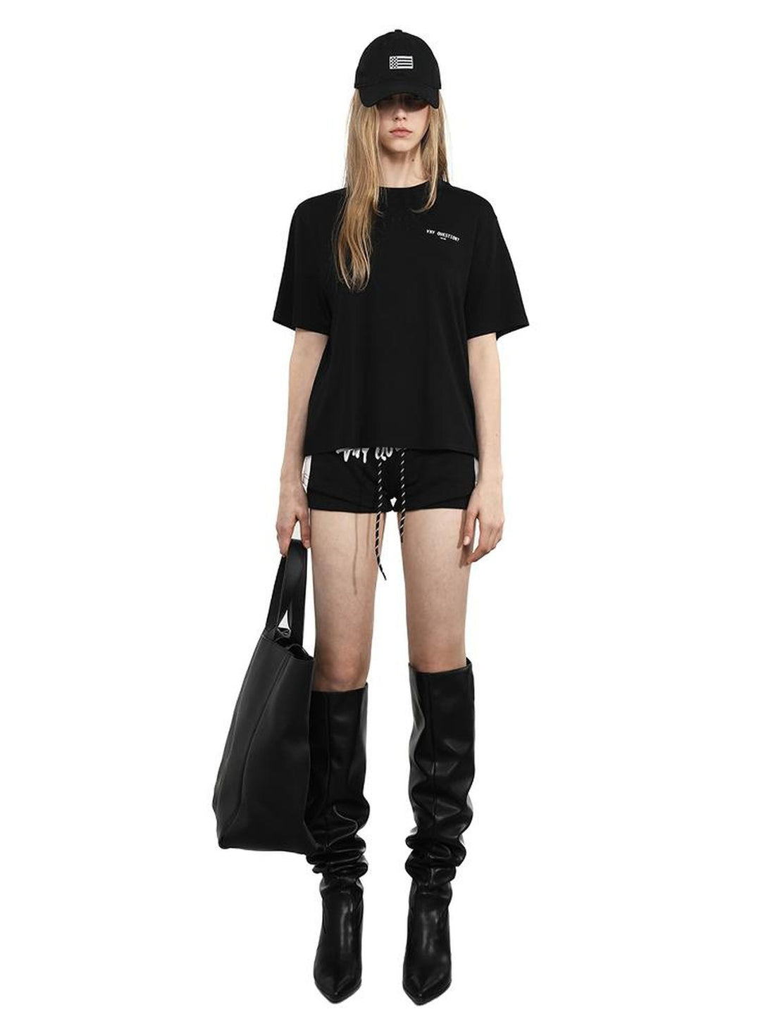 ANYQUESTION Black Letter Logo Print Street Straight Cut Women&