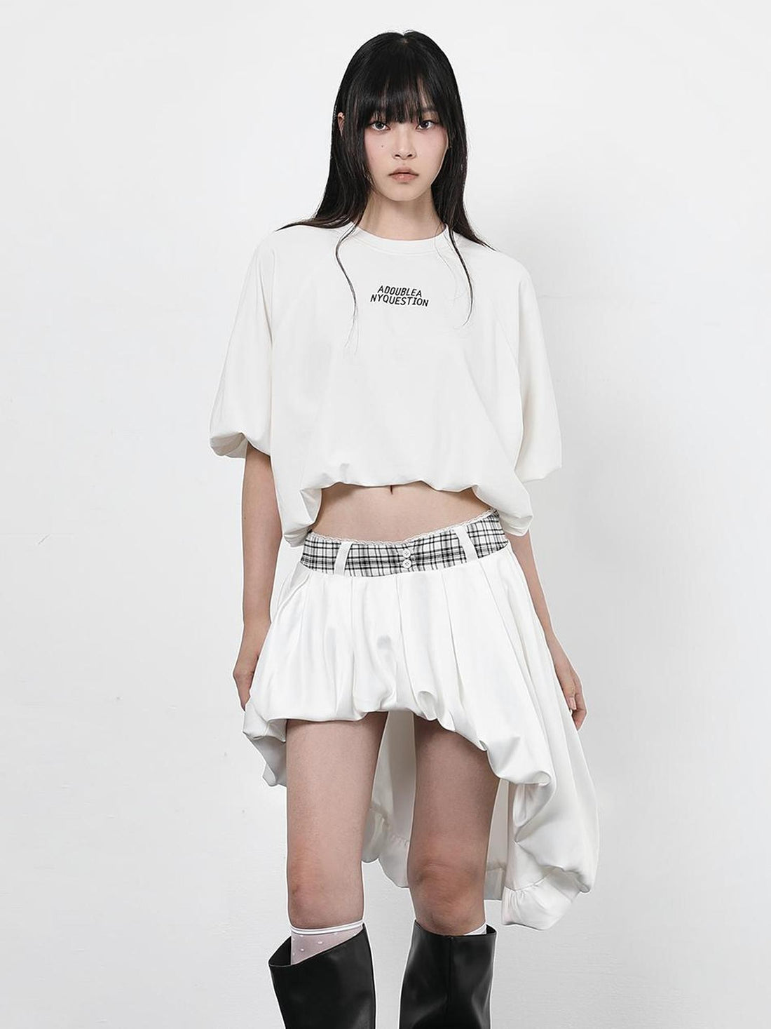 ANYQUESTION Black Letter Print Gathered Hem Round Neck Women&