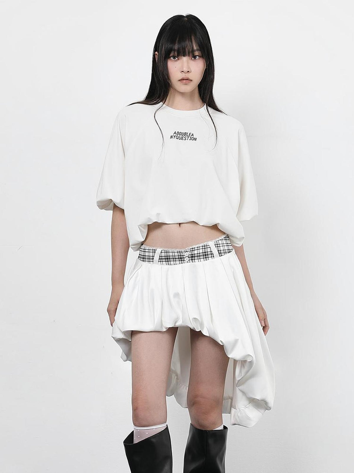 ANYQUESTION Black Letter Print Gathered Hem Round Neck Women&