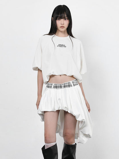 ANYQUESTION Black Letter Print Gathered Hem Round Neck Women&