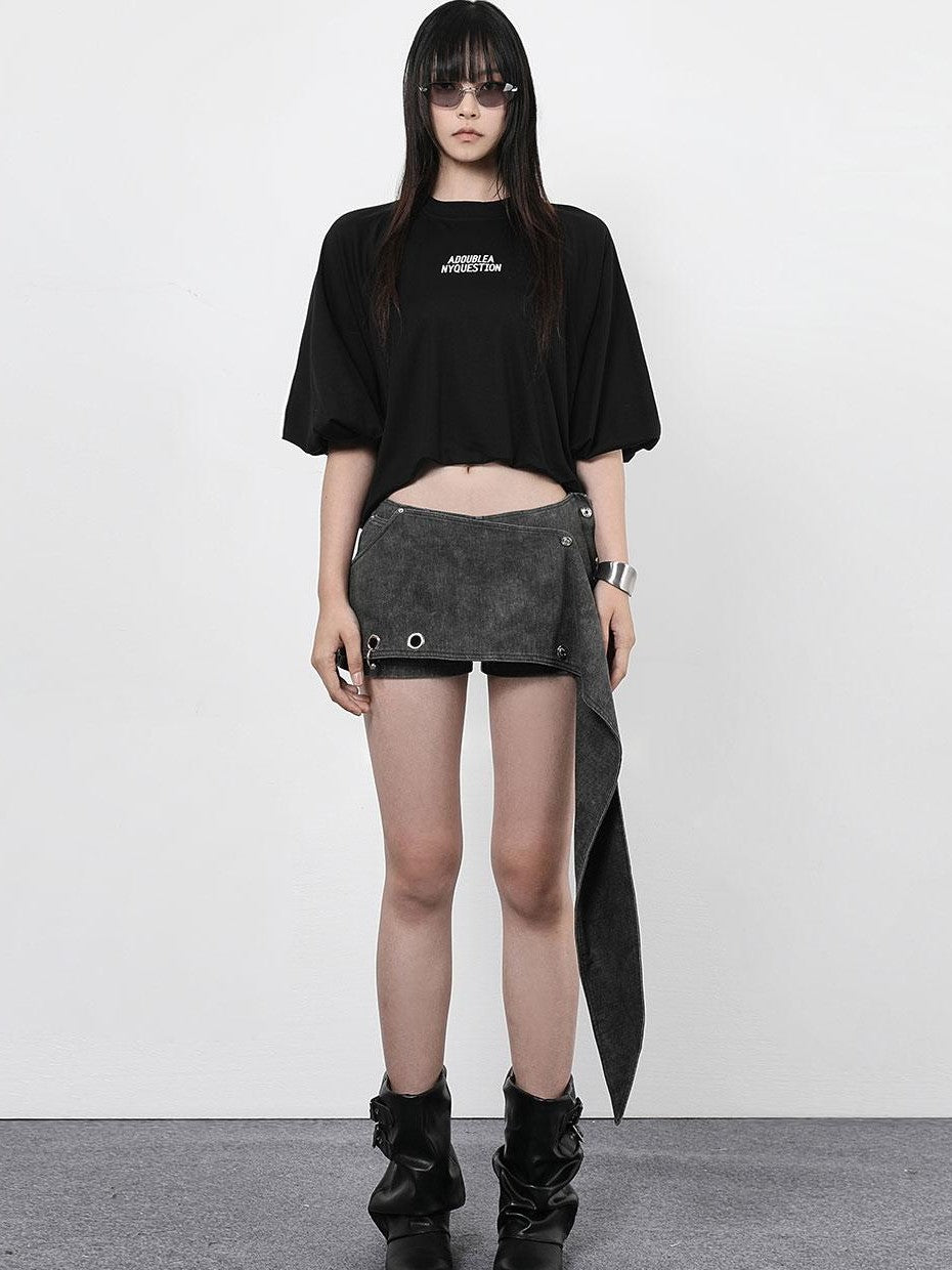 ANYQUESTION Black Letter Print Gathered Hem Round Neck Women&
