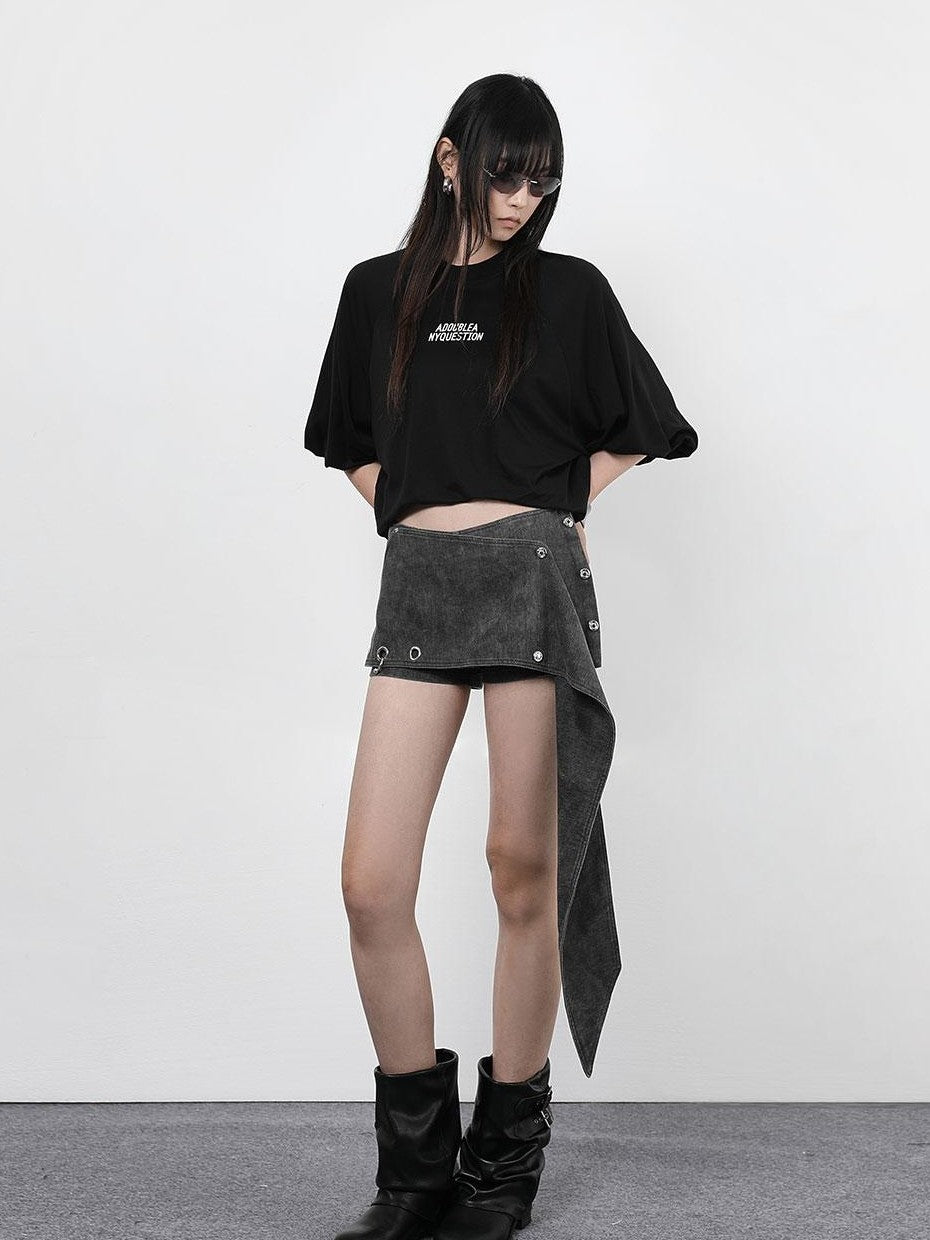 ANYQUESTION Black Letter Print Gathered Hem Round Neck Women&