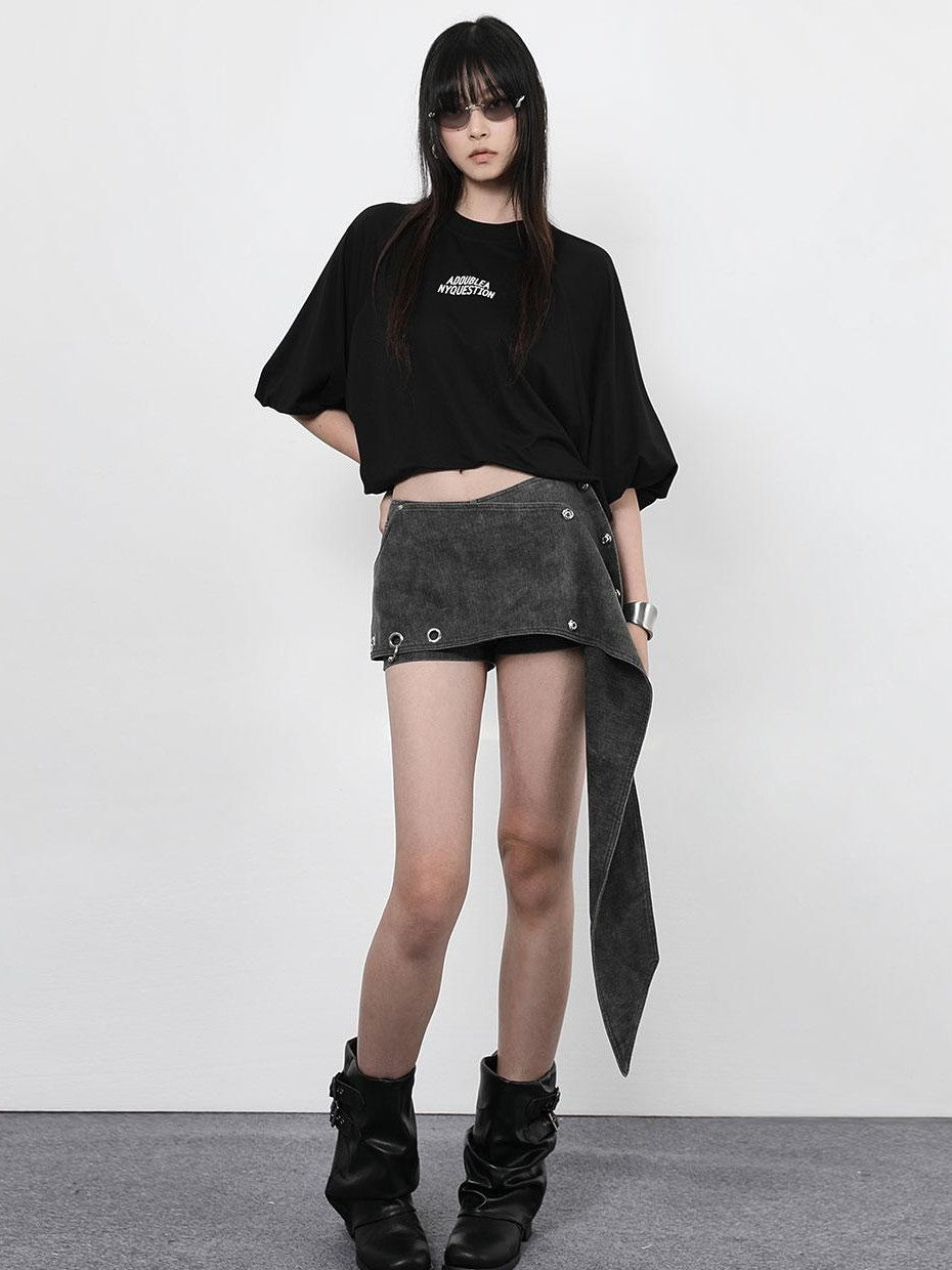 ANYQUESTION Black Letter Print Gathered Hem Round Neck Women&
