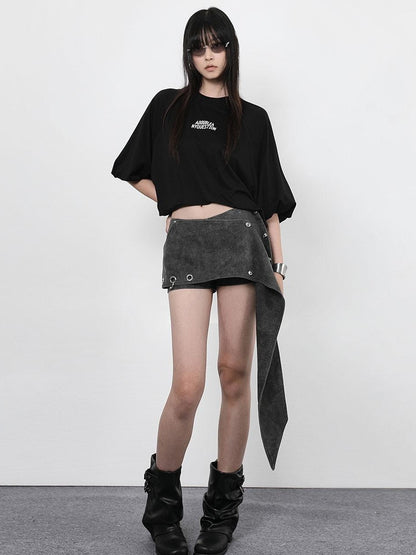 ANYQUESTION Black Letter Print Gathered Hem Round Neck Women&