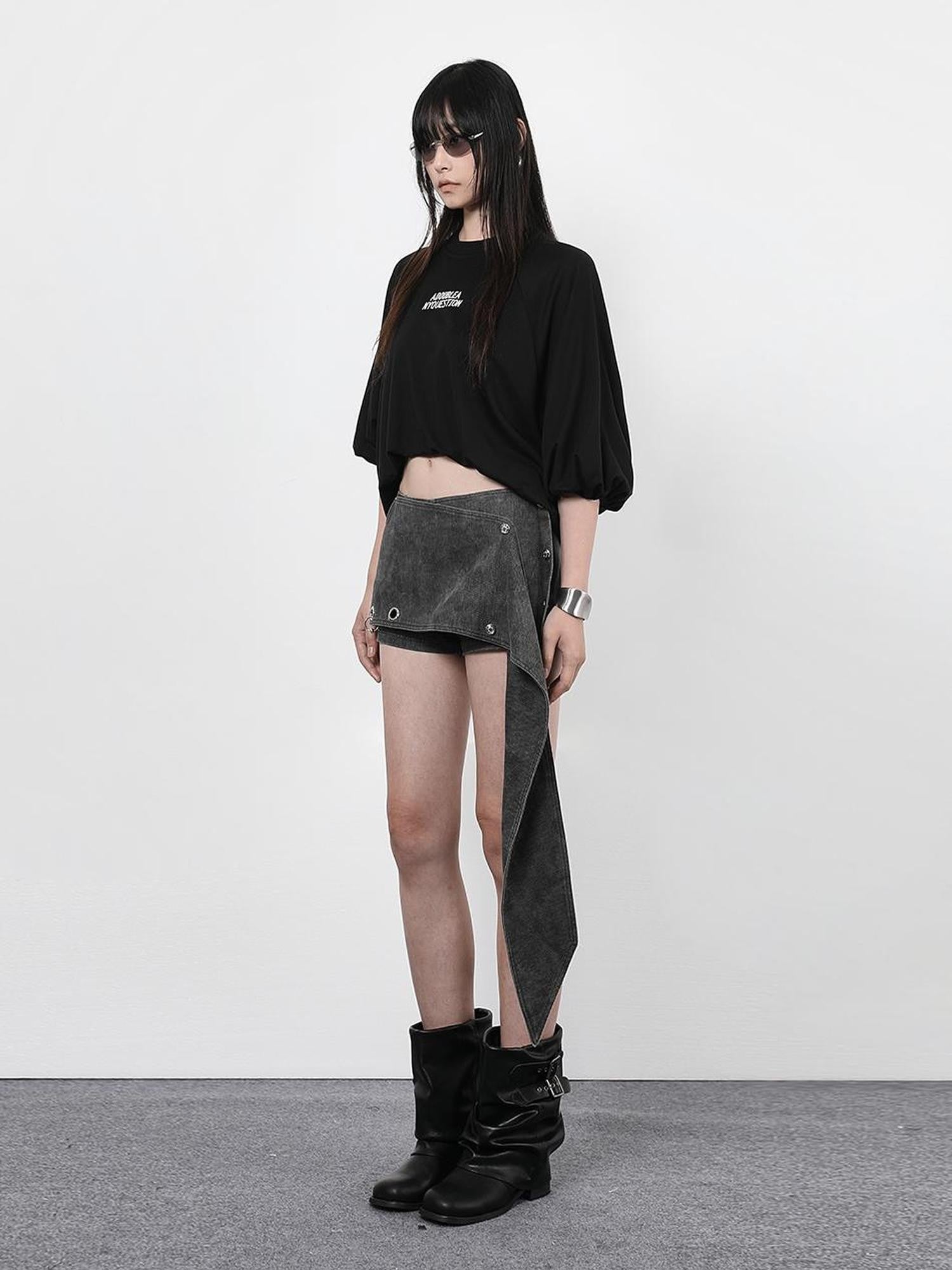 ANYQUESTION Black Letter Print Gathered Hem Round Neck Women&