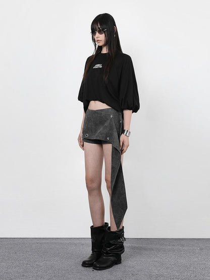 ANYQUESTION Black Letter Print Gathered Hem Round Neck Women&