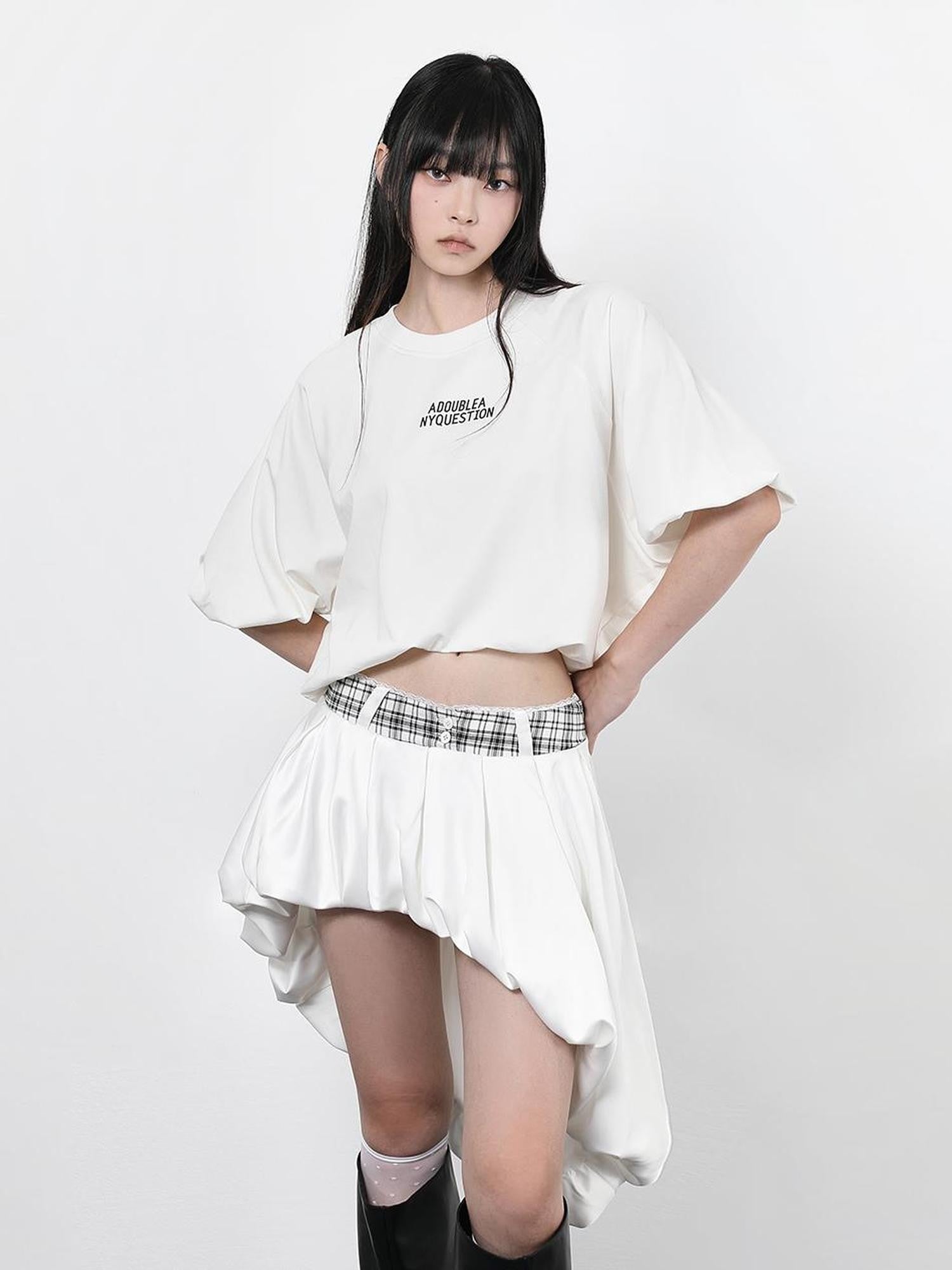 ANYQUESTION Black Letter Print Gathered Hem Round Neck Women&