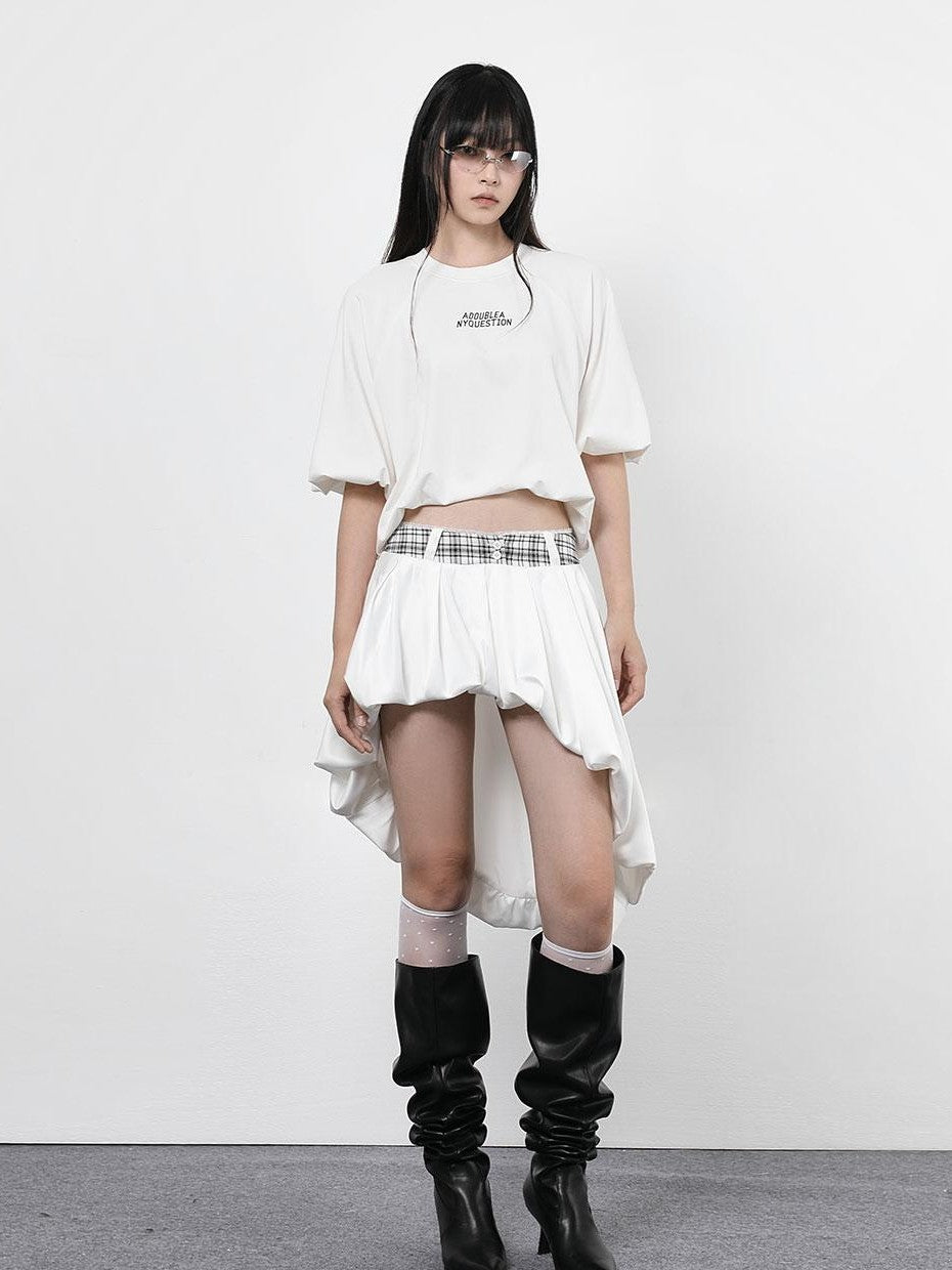 ANYQUESTION Black Letter Print Gathered Hem Round Neck Women&