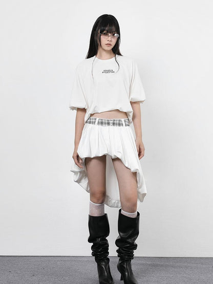ANYQUESTION Black Letter Print Gathered Hem Round Neck Women&