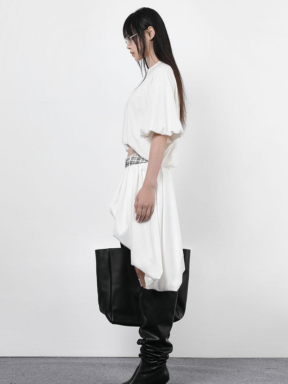 ANYQUESTION Black Letter Print Gathered Hem Round Neck Women&