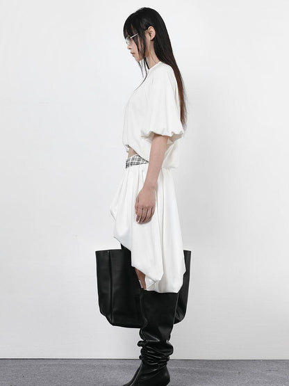 ANYQUESTION Black Letter Print Gathered Hem Round Neck Women&
