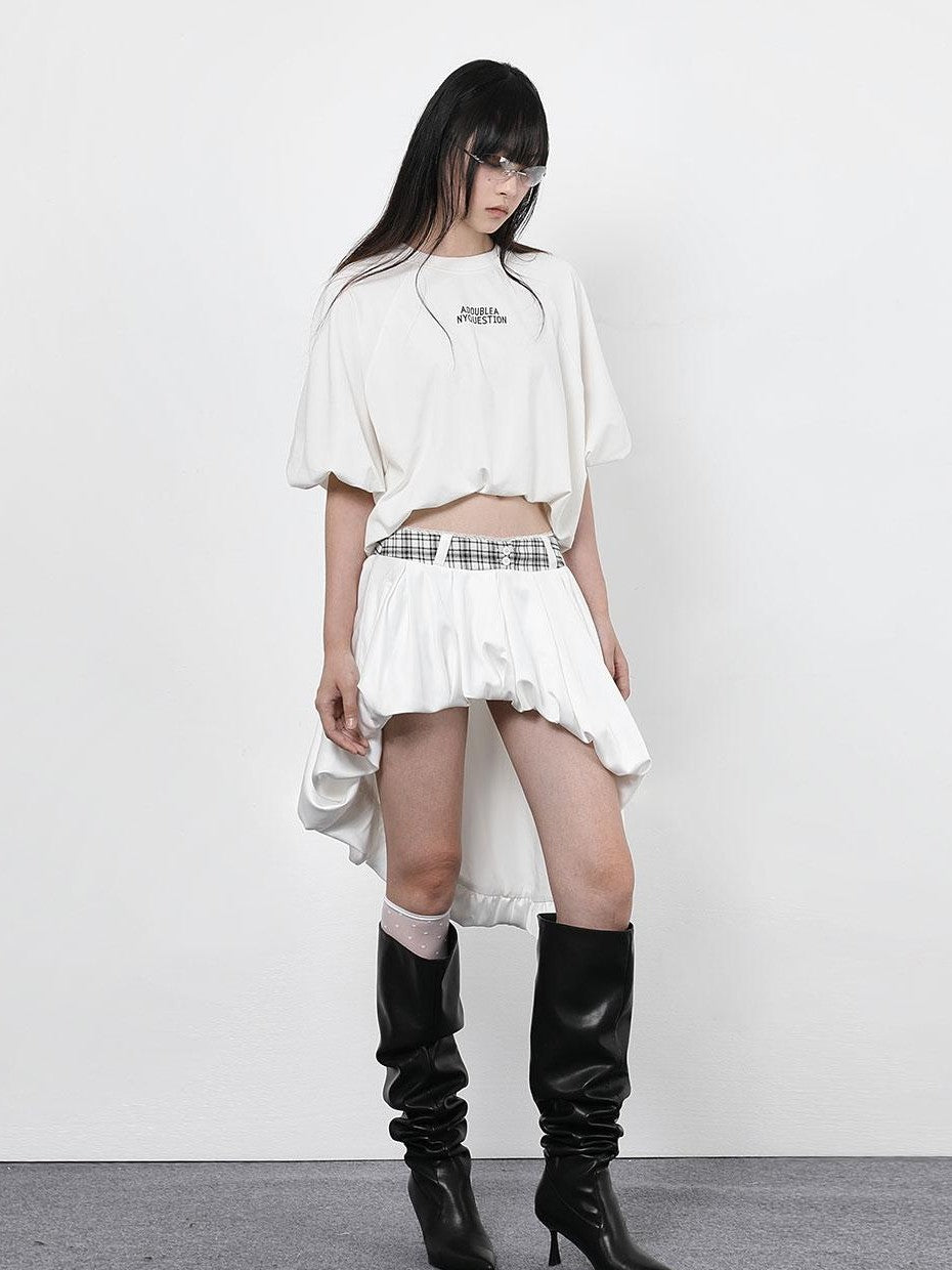 ANYQUESTION Black Letter Print Gathered Hem Round Neck Women&