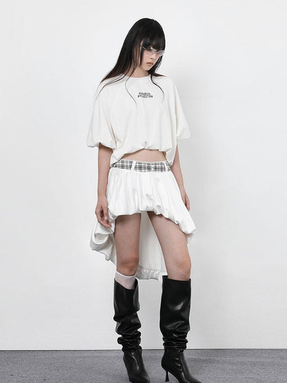ANYQUESTION Black Letter Print Gathered Hem Round Neck Women&