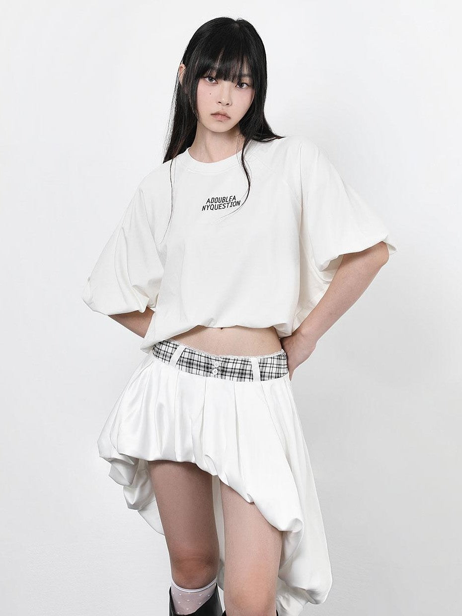 ANYQUESTION Black Letter Print Gathered Hem Round Neck Women&
