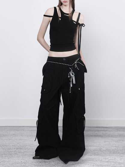 ANYQUESTION_Black_Low_Waist_Drawstring_Pocket_Structure_Loose_Women&