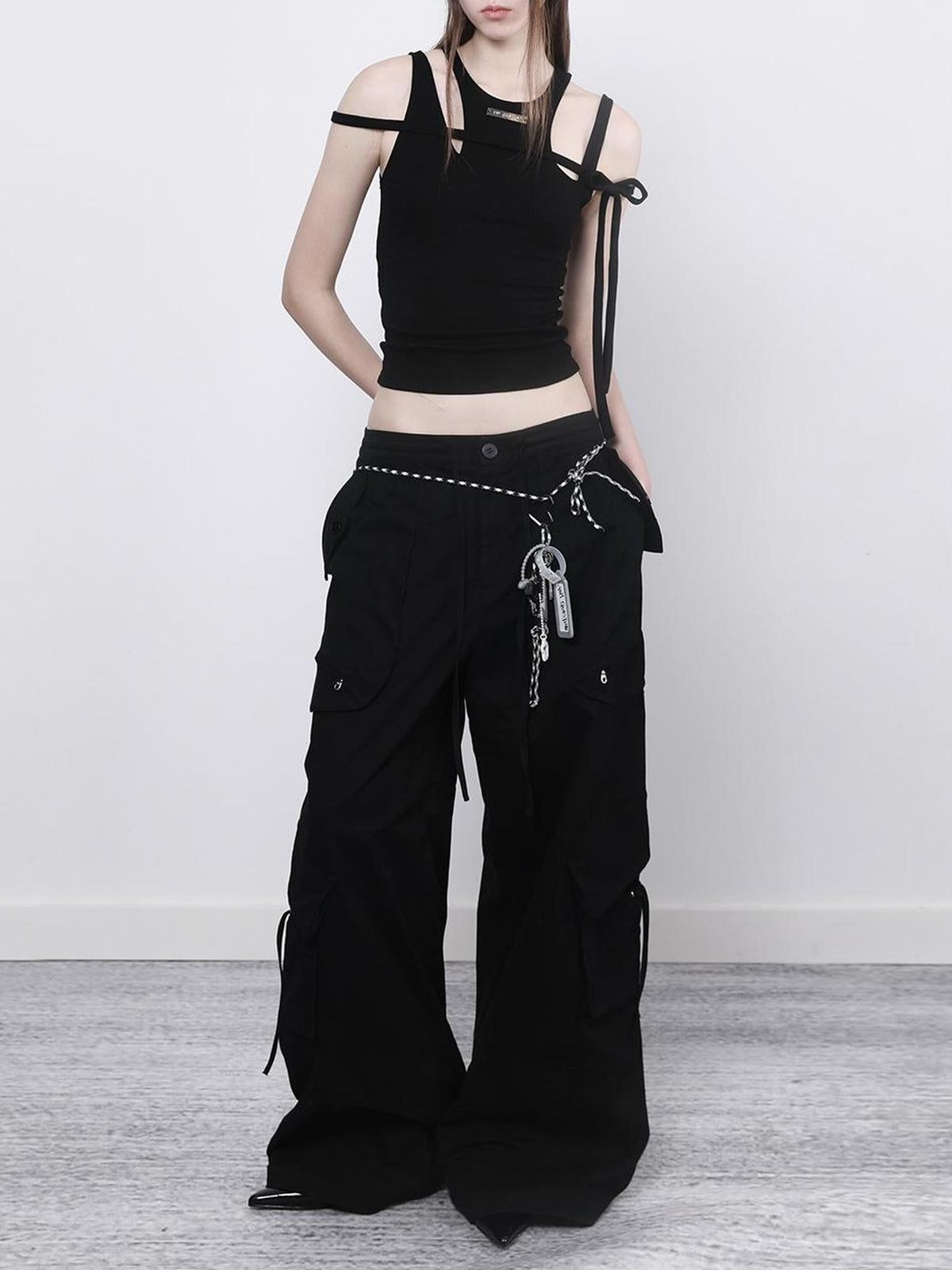 ANYQUESTION Black Low Waist Drawstring Pocket Structure Loose Women&