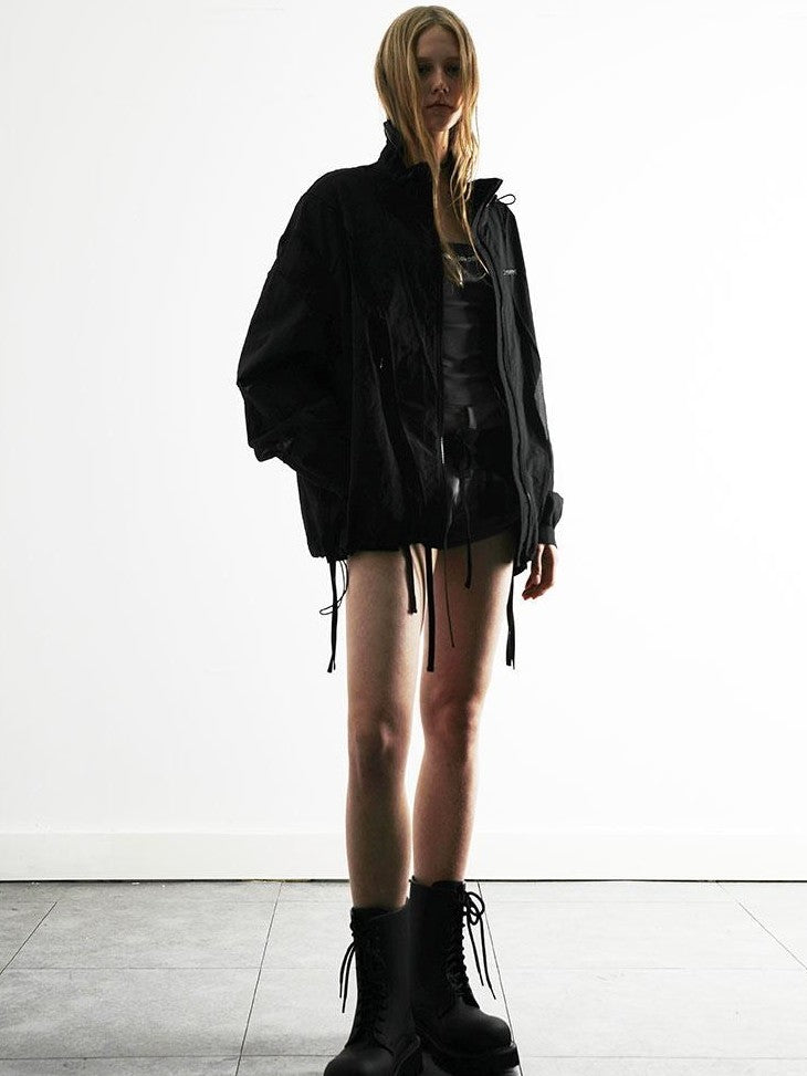ANYQUESTION Black Mesh Panel Textured Pleated Stand Collar Women&