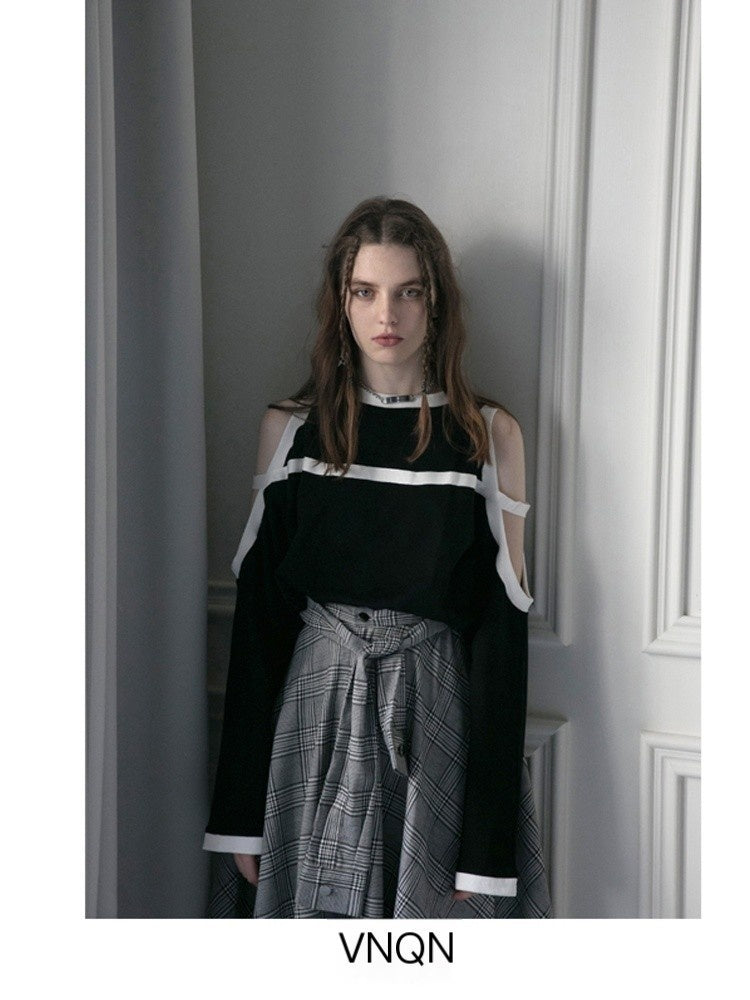 ANYQUESTION_Black_Off_Shoulder_Striped_Loose_Round_Neck_Women&