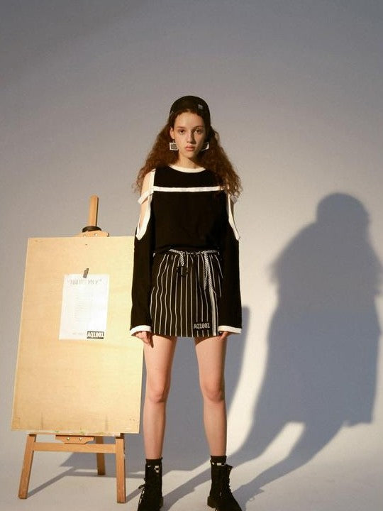 ANYQUESTION Black Off Shoulder Striped Loose Round Neck Women&