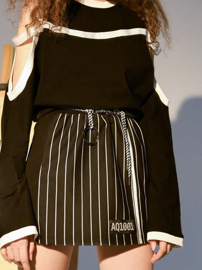 ANYQUESTION Black Off Shoulder Striped Loose Round Neck Women&