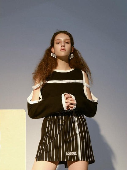 ANYQUESTION Black Off Shoulder Striped Loose Round Neck Women&