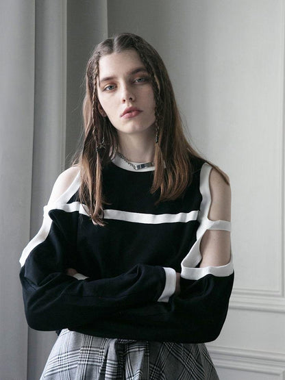 ANYQUESTION Black Off Shoulder Striped Loose Round Neck Women&