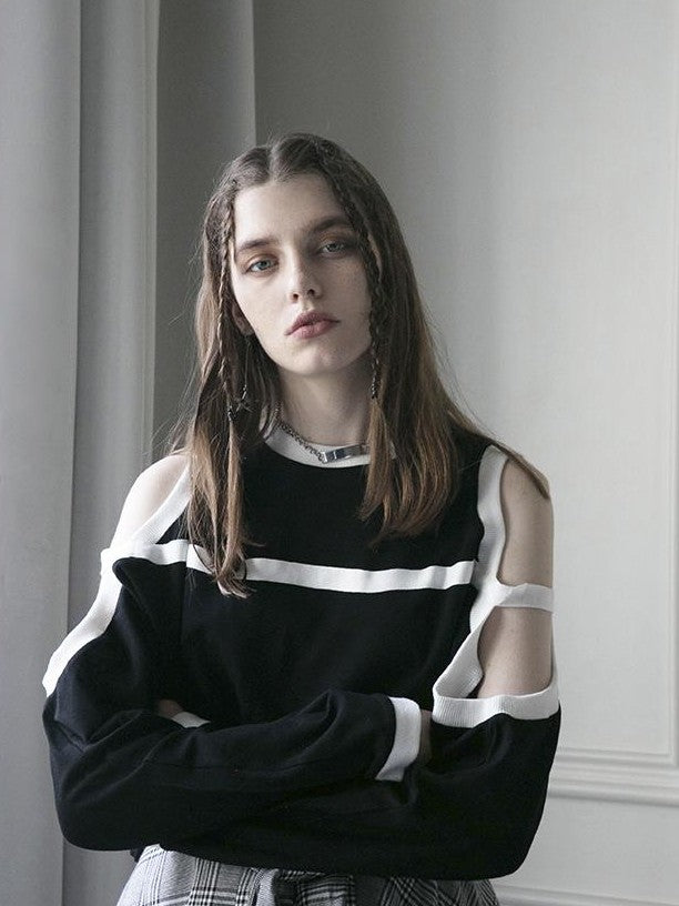 ANYQUESTION Black Off Shoulder Striped Loose Round Neck Women&