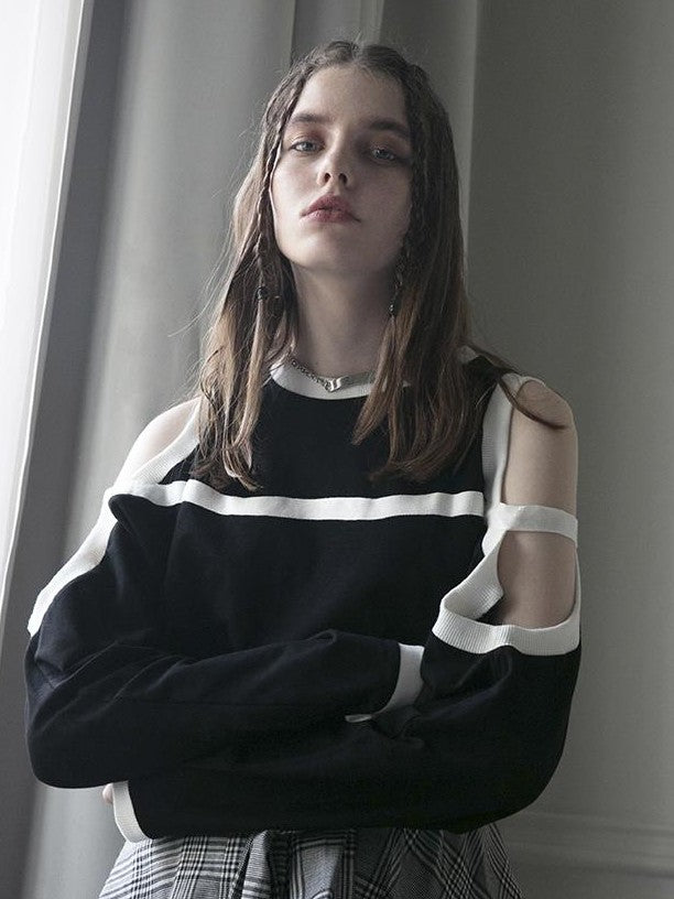 ANYQUESTION Black Off Shoulder Striped Loose Round Neck Women&