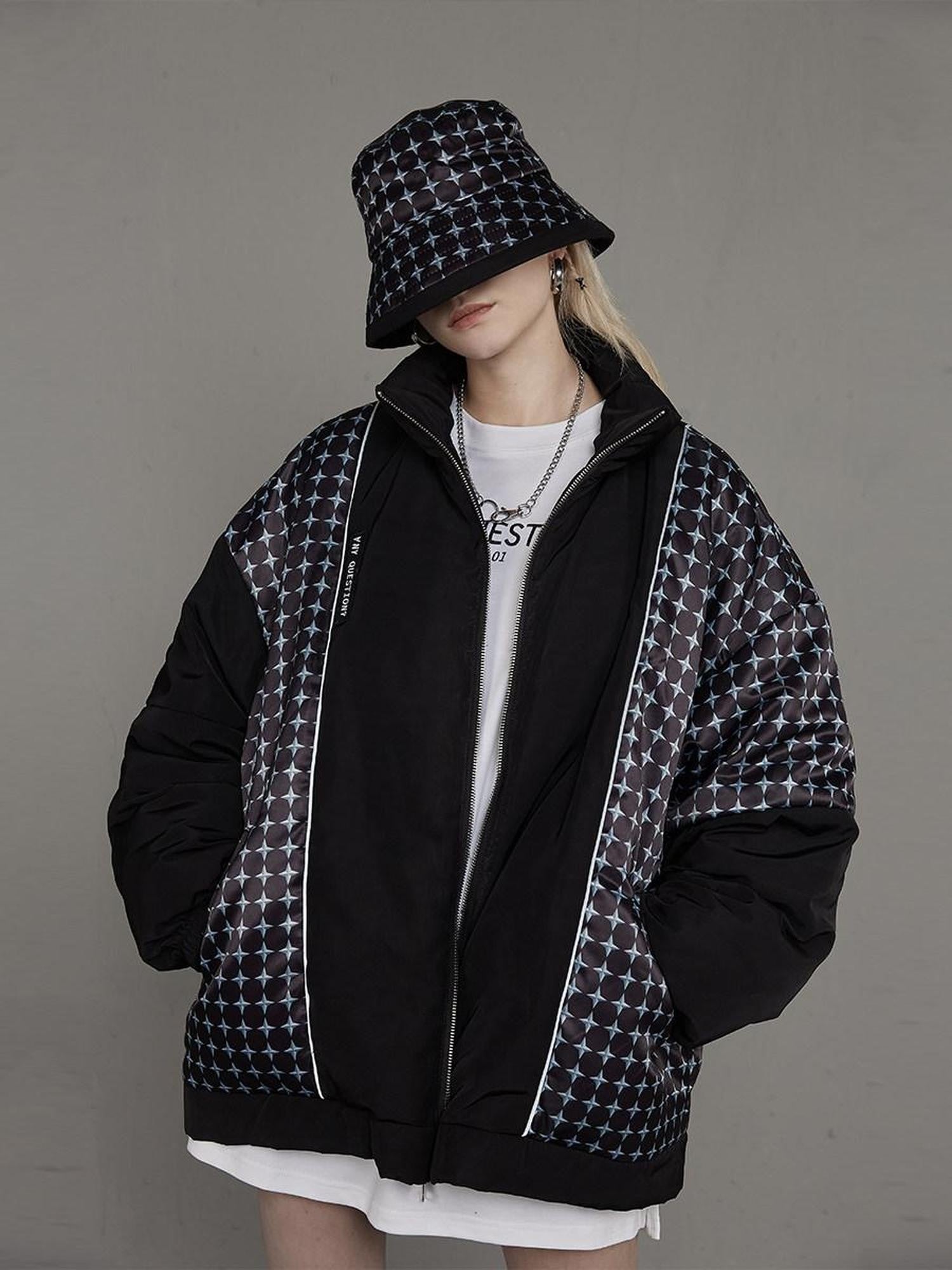 ANYQUESTION Black Star Print Irregular Patchwork Loose Reflective Stripe Women&