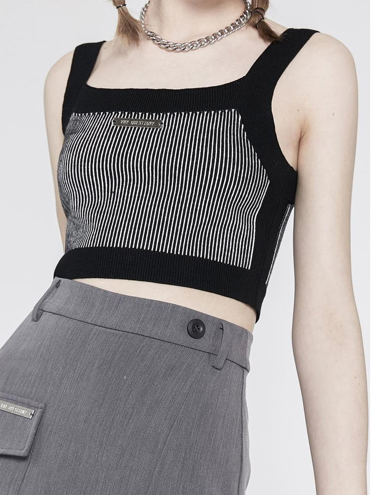 ANYQUESTION Black Striped Jacquard Square Neck Women&