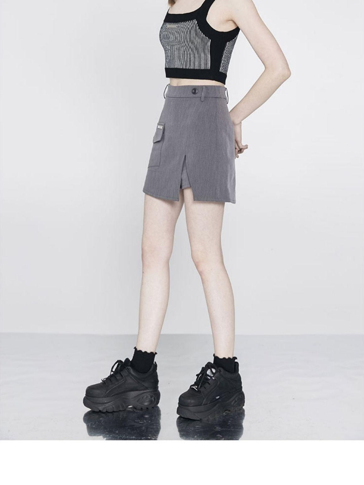 ANYQUESTION Black Striped Jacquard Square Neck Women&
