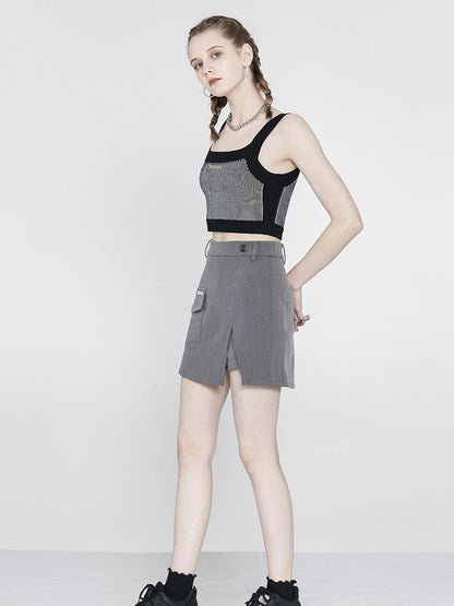 ANYQUESTION Black Striped Jacquard Square Neck Women&