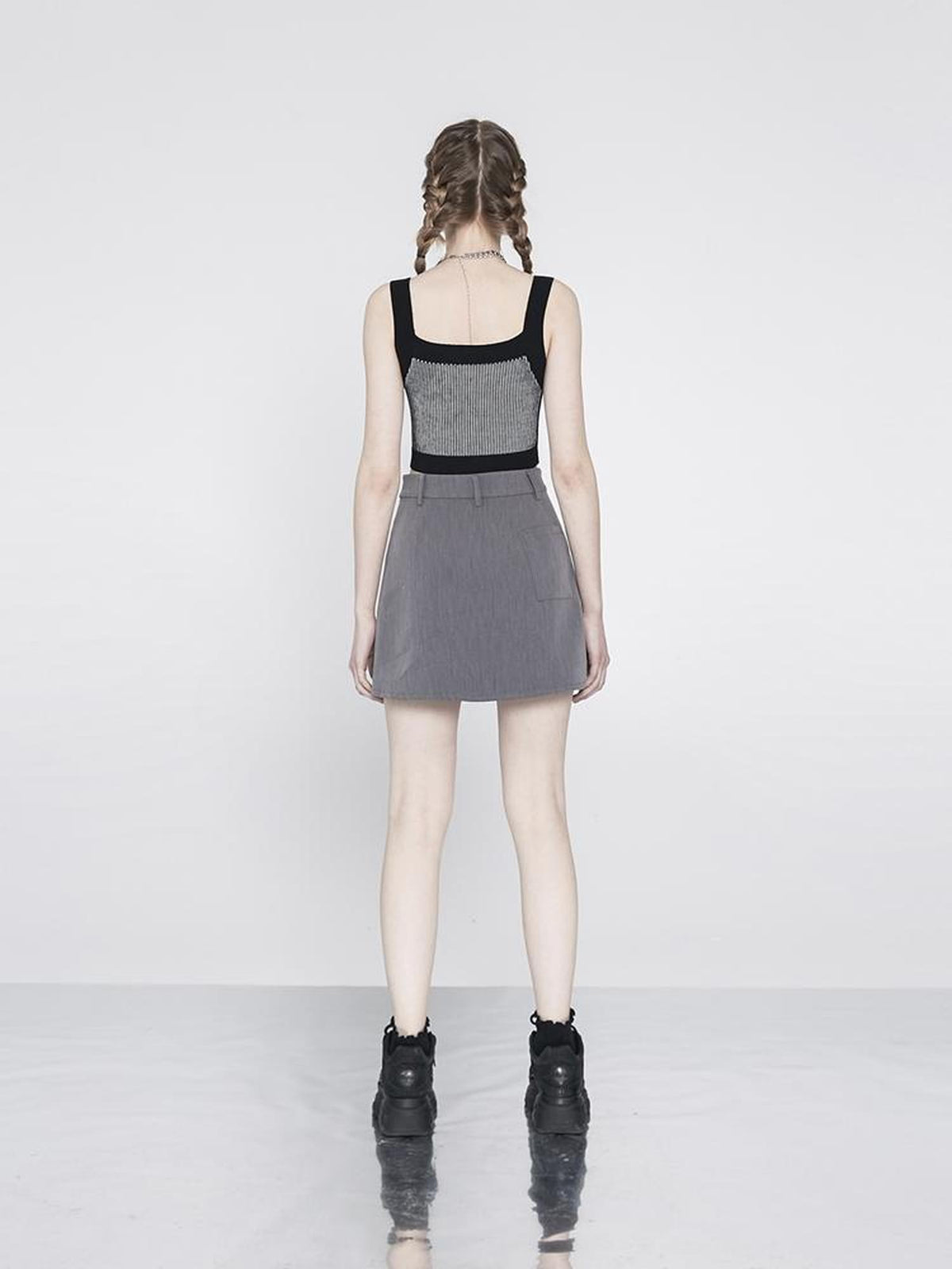 ANYQUESTION Black Striped Jacquard Square Neck Women&