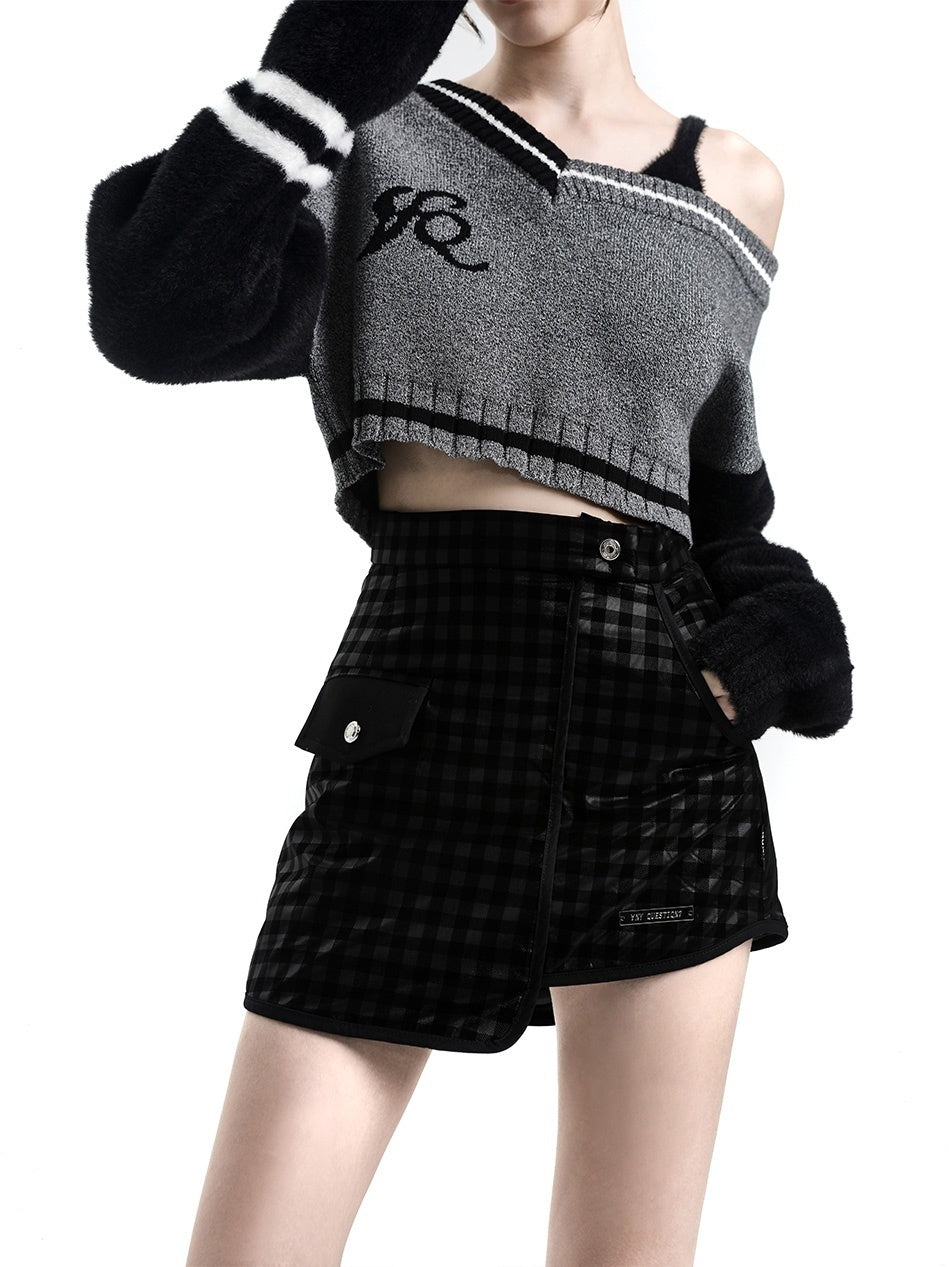 ANYQUESTION_Black_Subtle_Check_Padded_Asymmetric_High_Waist_Women&