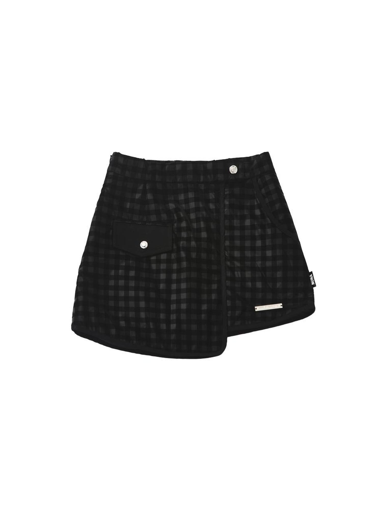 ANYQUESTION Black Subtle Check Padded Asymmetric High Waist Women&