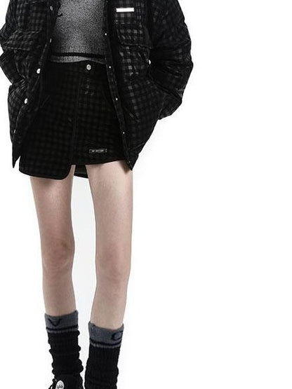 ANYQUESTION Black Subtle Check Padded Asymmetric High Waist Women&