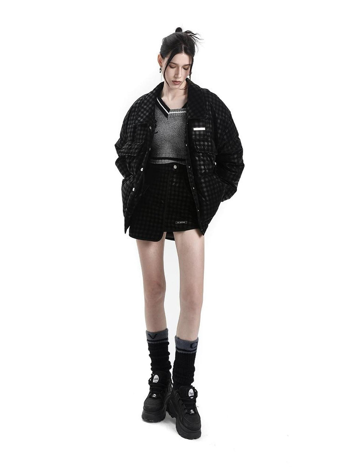 ANYQUESTION Black Subtle Check Quilted Long Sleeve Women&