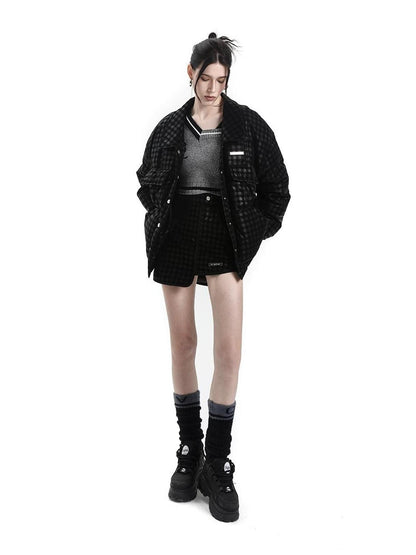 ANYQUESTION Black Subtle Check Quilted Long Sleeve Women&