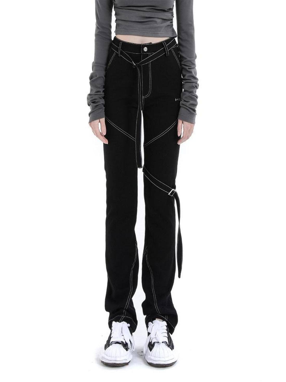 ANYQUESTION Black Topstitch Strap High Waisted Slim Straight Women&