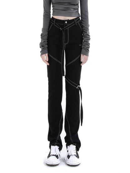 ANYQUESTION Black Topstitch Strap High Waisted Slim Straight Women&