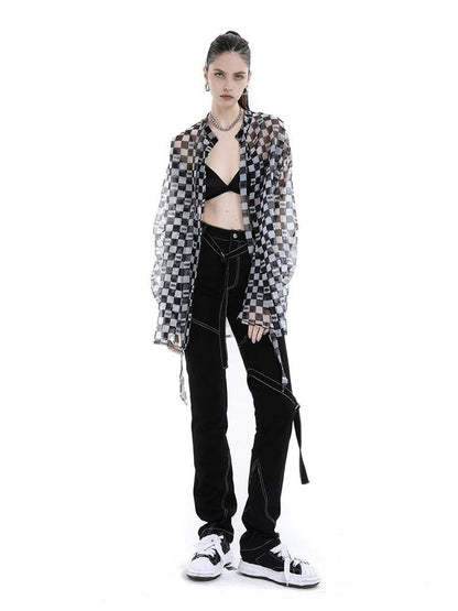 ANYQUESTION Black Topstitch Strap High Waisted Slim Straight Women&