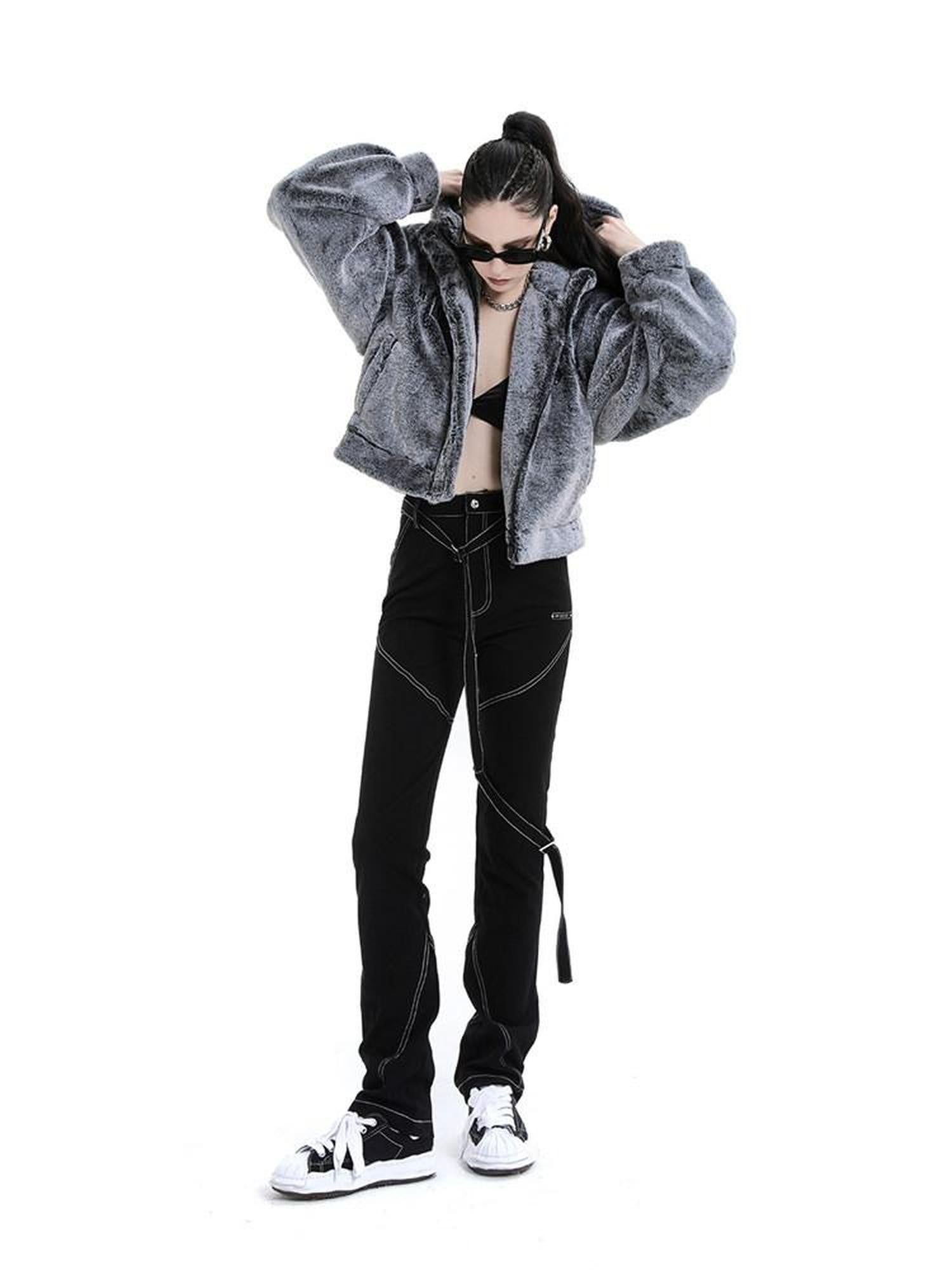 ANYQUESTION Black Topstitch Strap High Waisted Slim Straight Women&