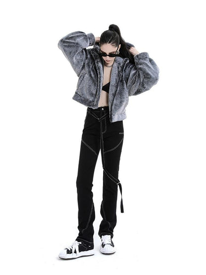 ANYQUESTION Black Topstitch Strap High Waisted Slim Straight Women&